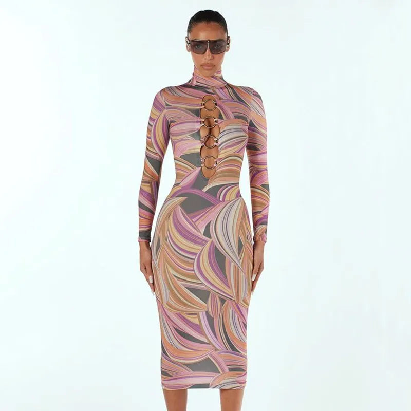 Maxi Printing Long Sleeve Dress