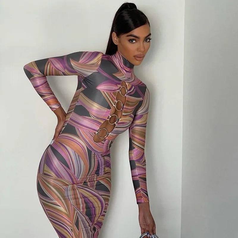 Maxi Printing Long Sleeve Dress