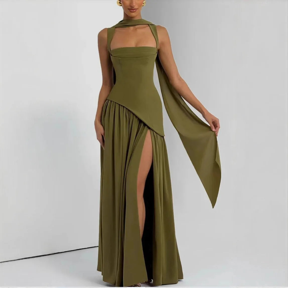 Side Split Olive Green Maxi Dress