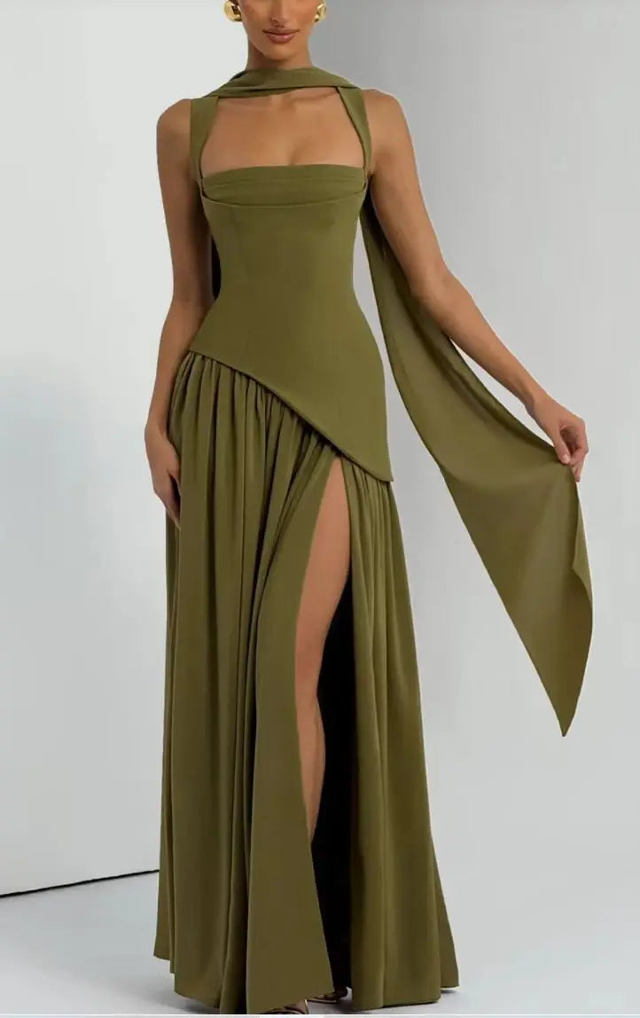 Side Split Olive Green Maxi Dress
