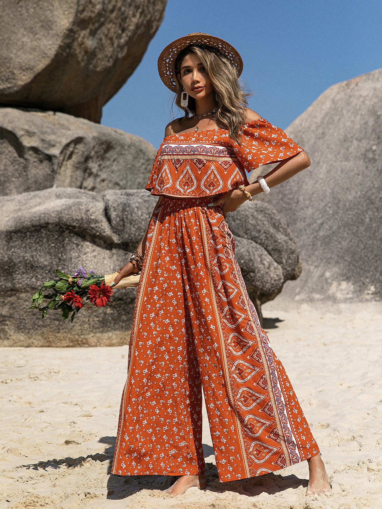 Bohemian Style Printed Tube Top Jumpsuit off-Shoulder Jumpsuit