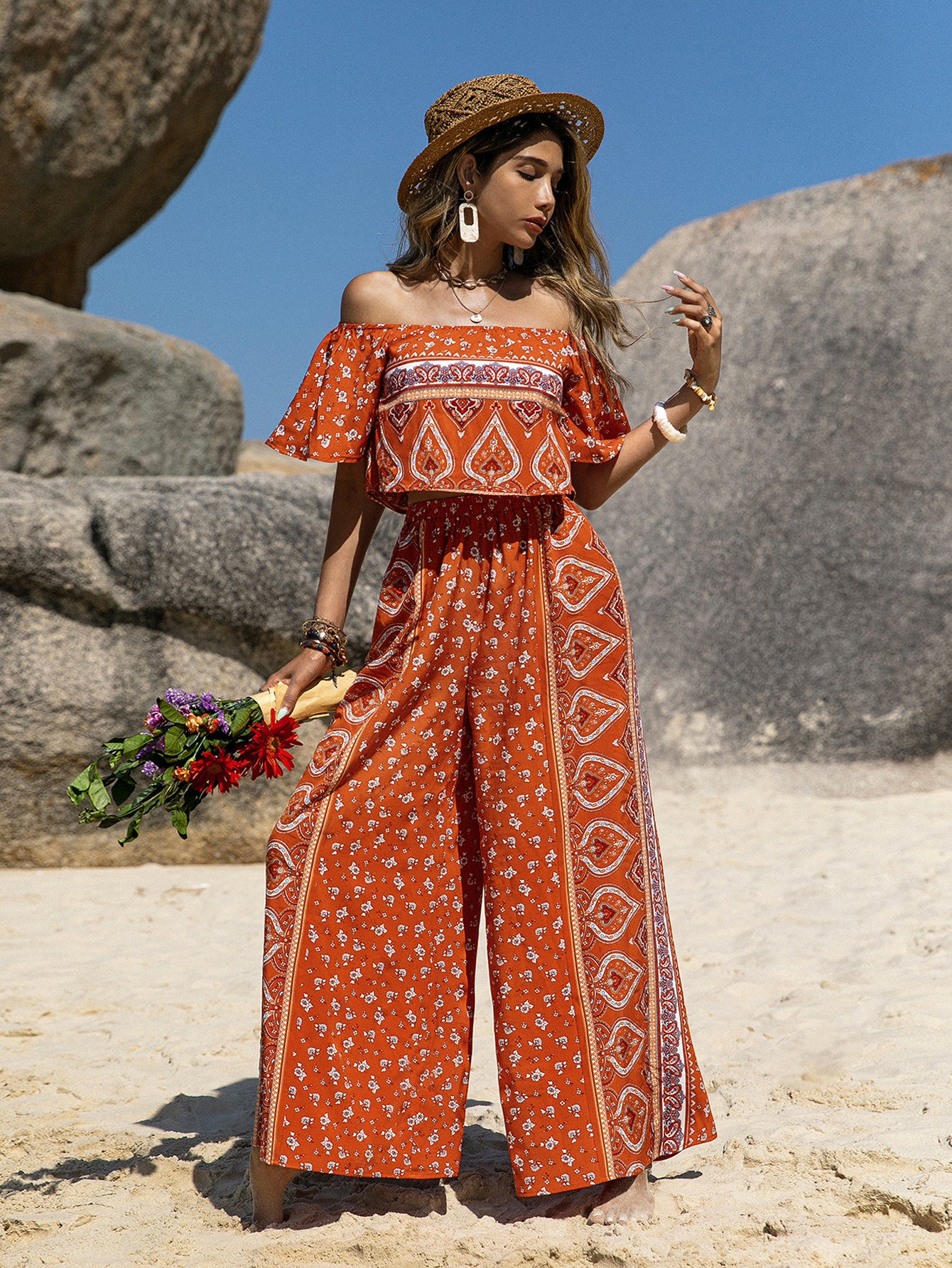 Bohemian Style Printed Tube Top Jumpsuit off-Shoulder Jumpsuit
