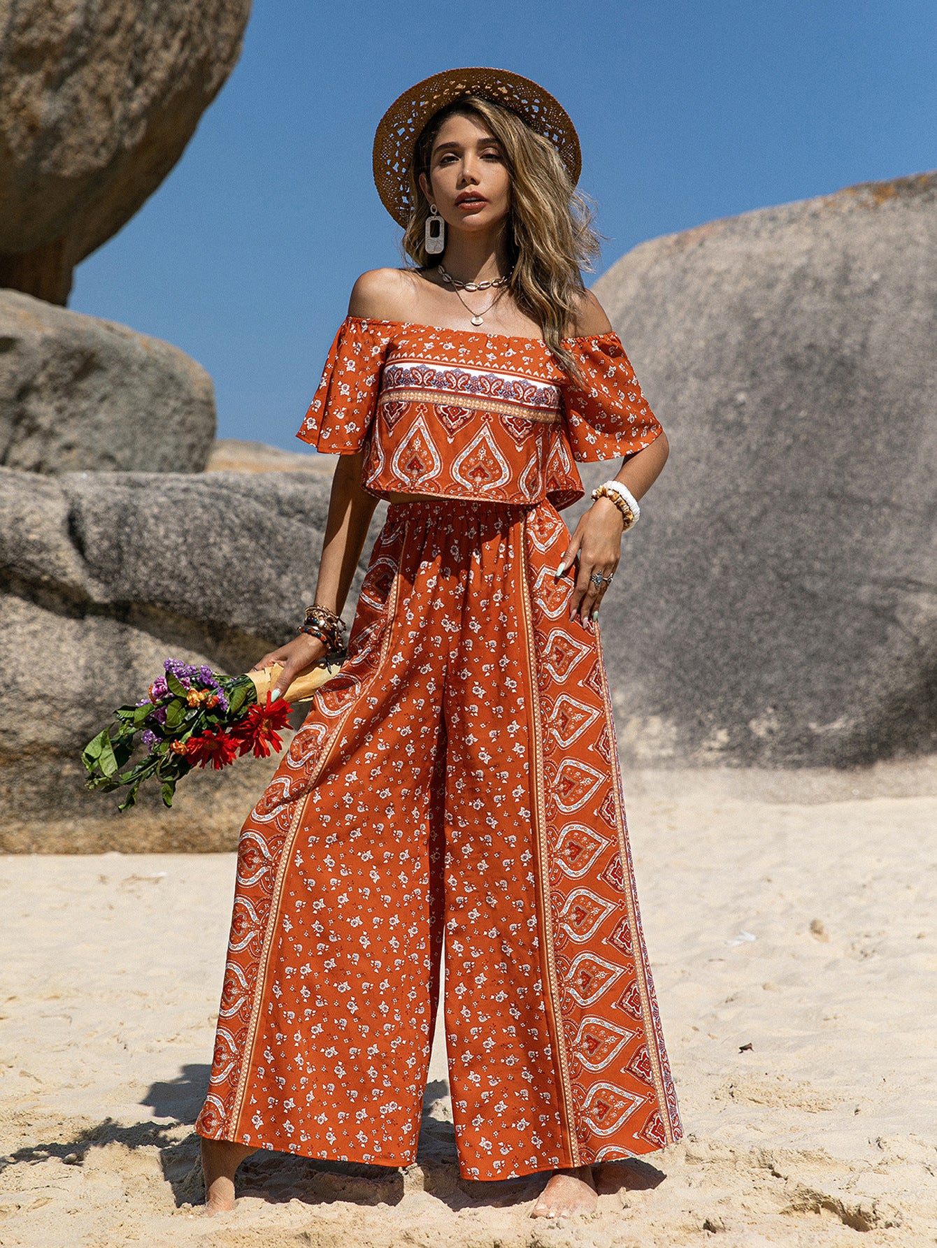 Bohemian Style Printed Tube Top Jumpsuit off-Shoulder Jumpsuit