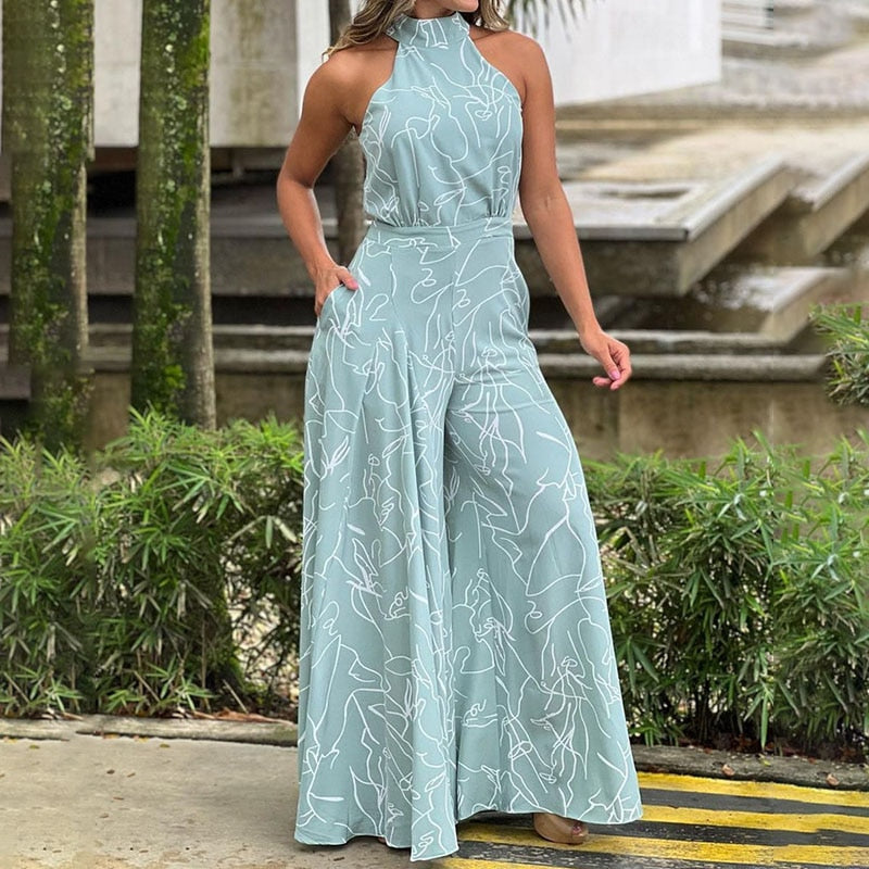 Halterneck sleeveless Print Jumpsuit