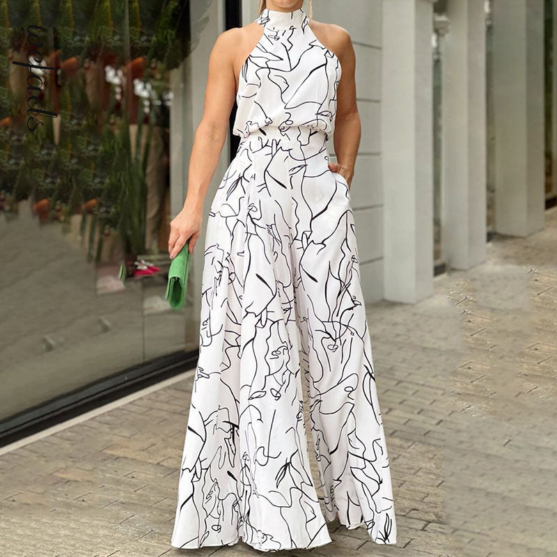 Halterneck sleeveless Print Jumpsuit