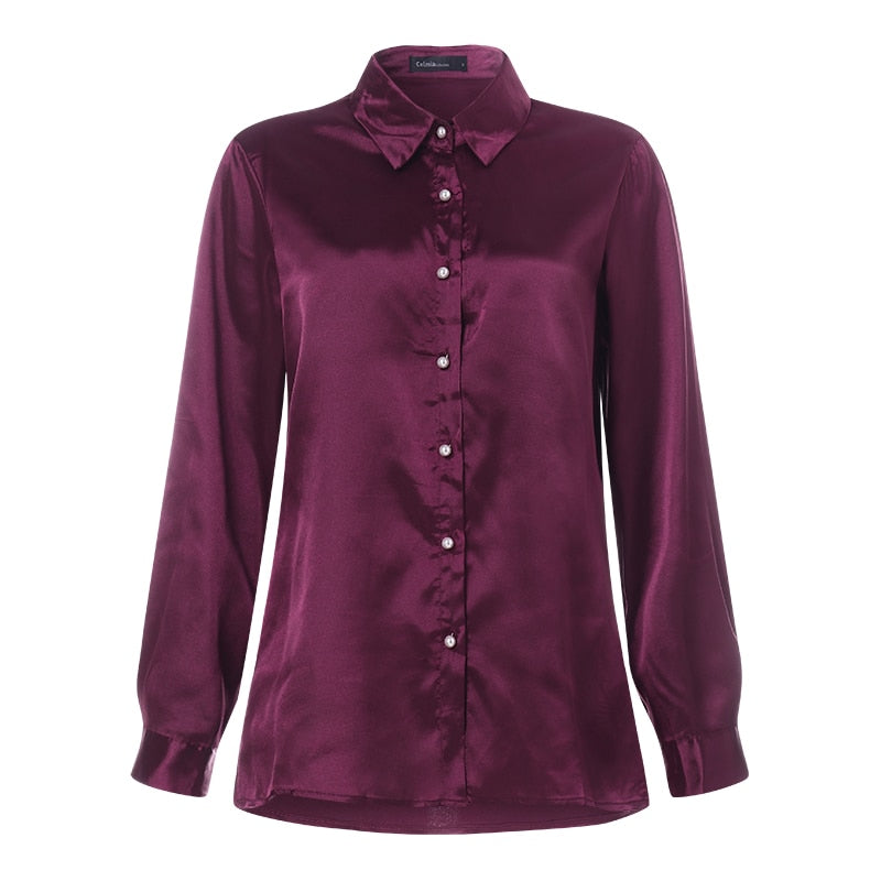 Vintage Long Sleeves Satin Blouse For Women