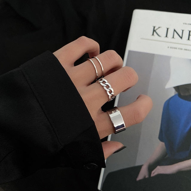 Metal Geometry Circular Punk Rings Set