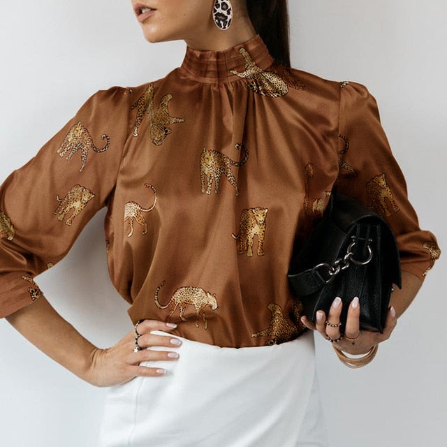 Womens High Collar Satin Blouse