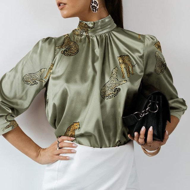 Womens High Collar Satin Blouse