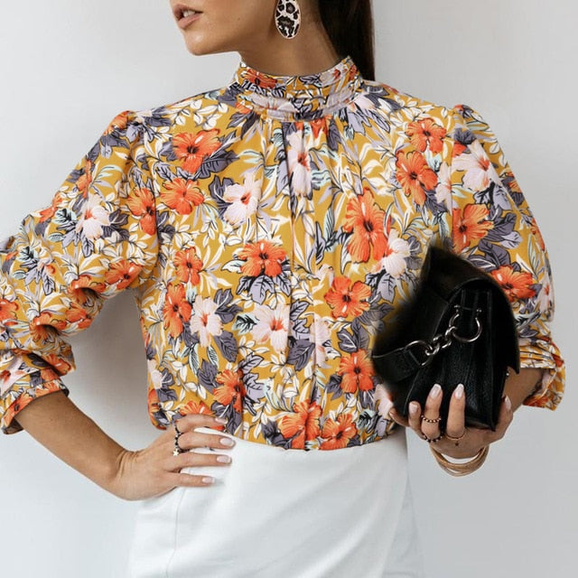 Womens High Collar Satin Blouse