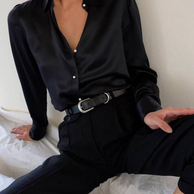 Vintage Long Sleeves Satin Blouse For Women