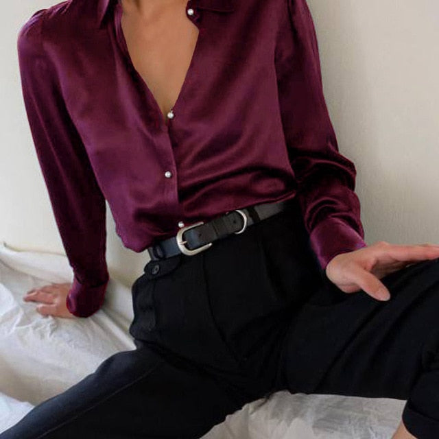 Vintage Long Sleeves Satin Blouse For Women