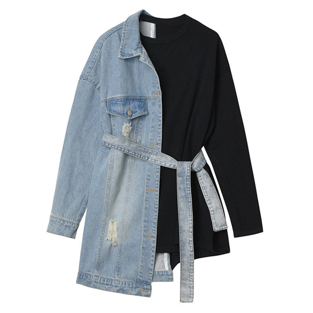 Loose Fit Denim Split Bandage Sweatshirt