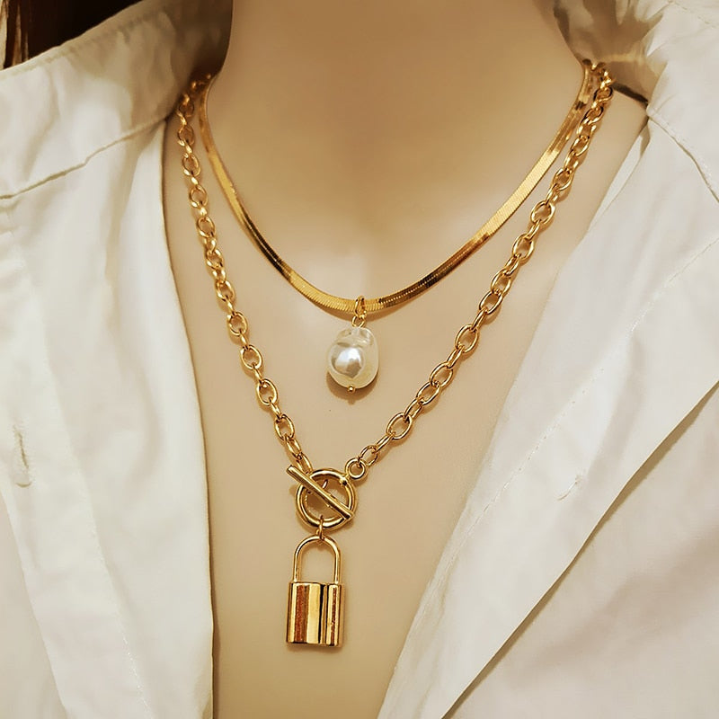 Trendy Link Chain Pearl & Lock Necklace