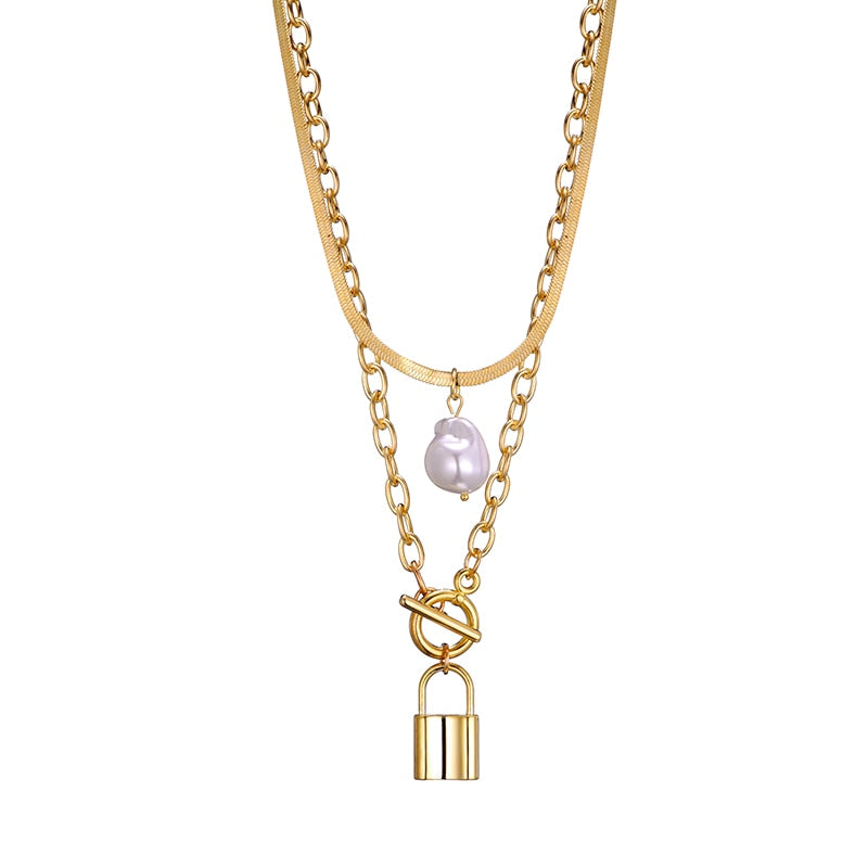 Trendy Link Chain Pearl & Lock Necklace